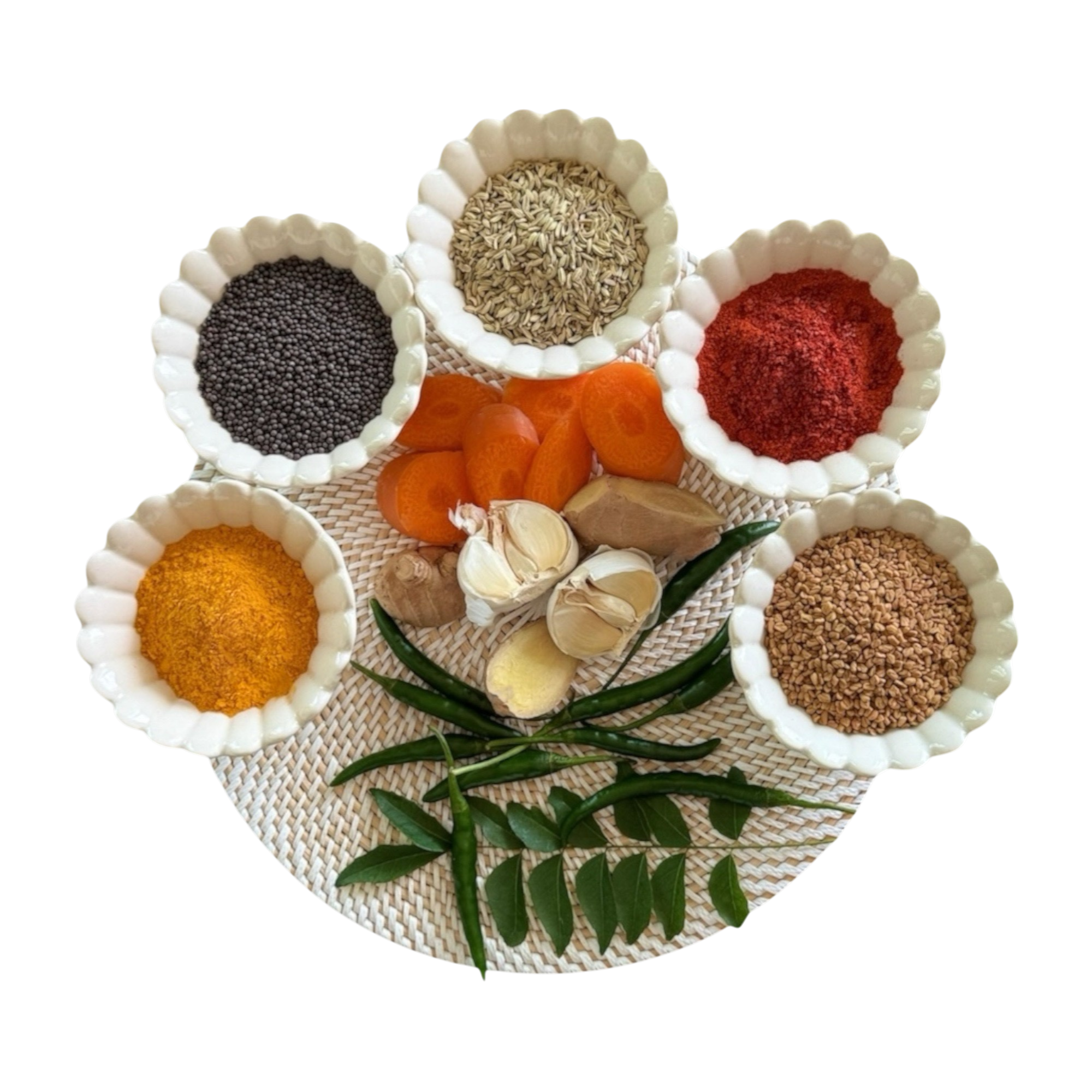 Premium spices and fresh ingredients arrangement - featuring mustard seeds, fennel seeds, red chili powder, turmeric, coriander seeds, fresh chilies, garlic, ginger, and curry leaves used in Pawan's Pickles